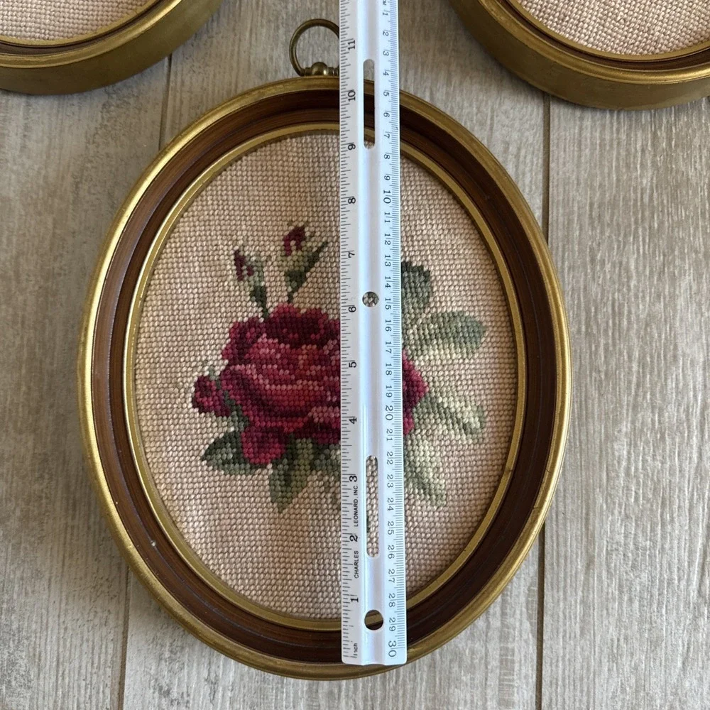 Lot-3 Vintage Needlepoint Rose Flowers in Oval Frames & Hangers Cottage Core